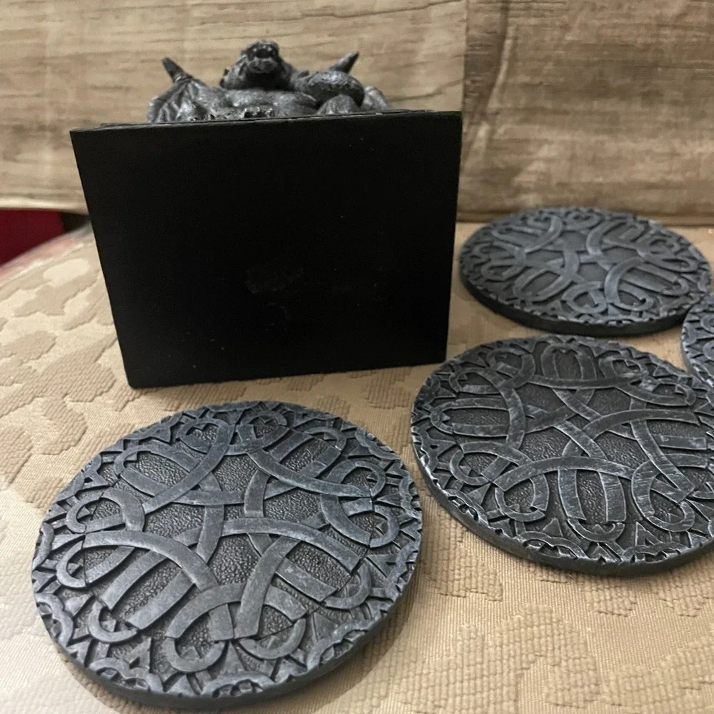 Gargoyle Gathering Coaster Set Gothic Celtic Knot Resin Stone Finish 5 Piece Set